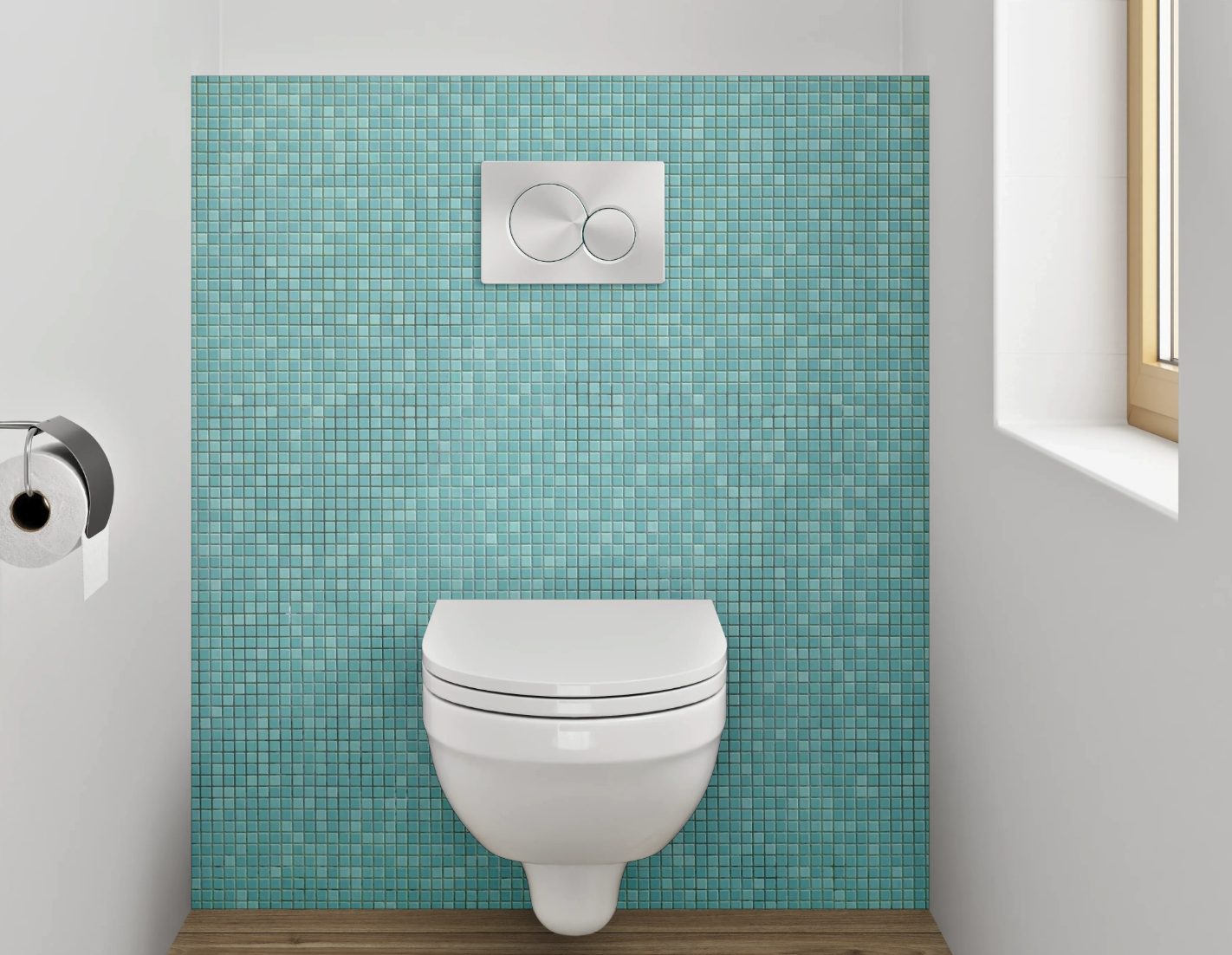 Badezimmer: Türkis-Mosaik WC-Wand